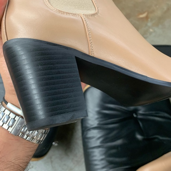 Women’s Pointed Toe Chelsea Ankle High Heel Block Boot in Beige Faux Leather - Picture 9 of 11